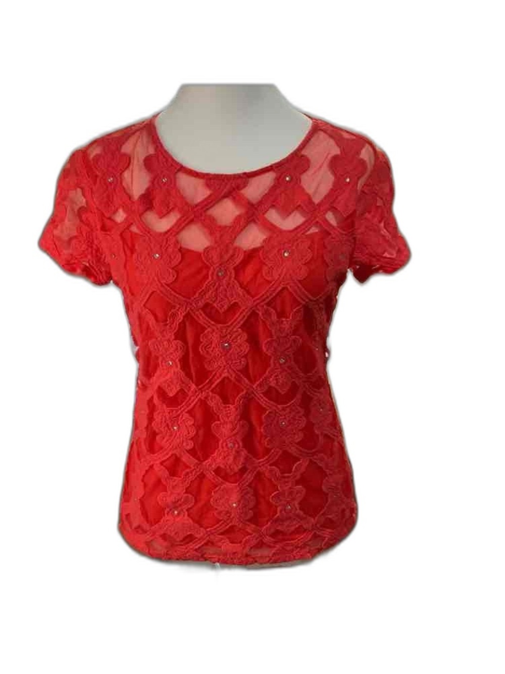 INC Red Mesh & Embroidered Short Sleeve Top Adorned With Rhinestones EUC